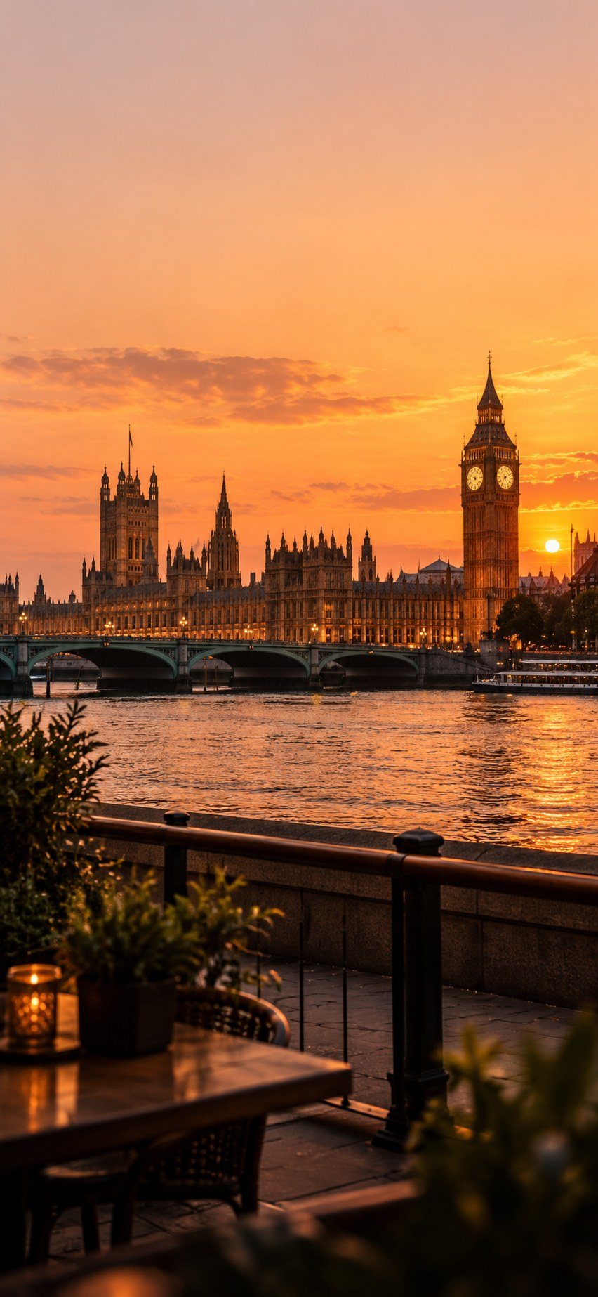 The Thames and Westminster at sunset, seen from a riverside café